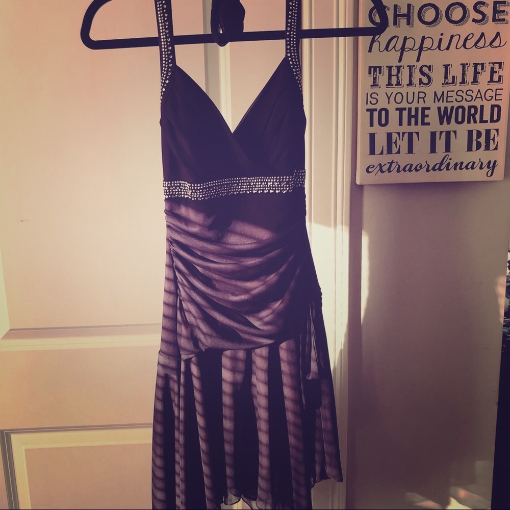 Asymmetrical eggplant halter dress